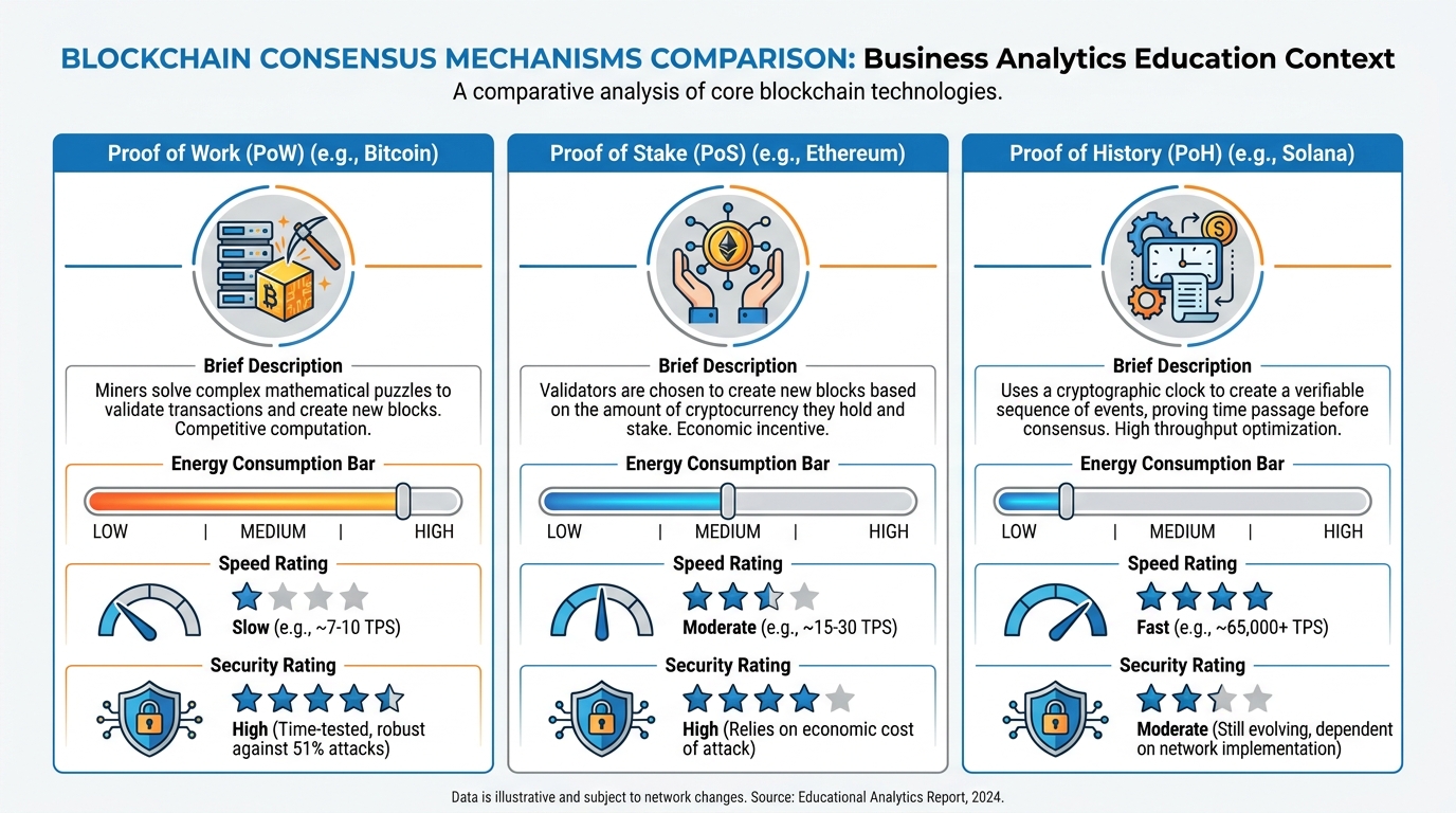 Comparison chart of consensus mechanisms including Proof of Work, Proof of Stake, and Proof of History, with speed, energy, and security tradeoffs highlighted