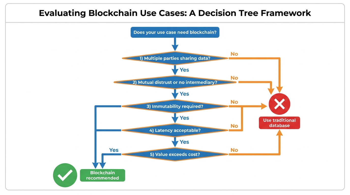 A flowchart decision tree for evaluating whether a use case needs a blockchain, moving through questions about multiple parties, trust, mutability, and intermediaries