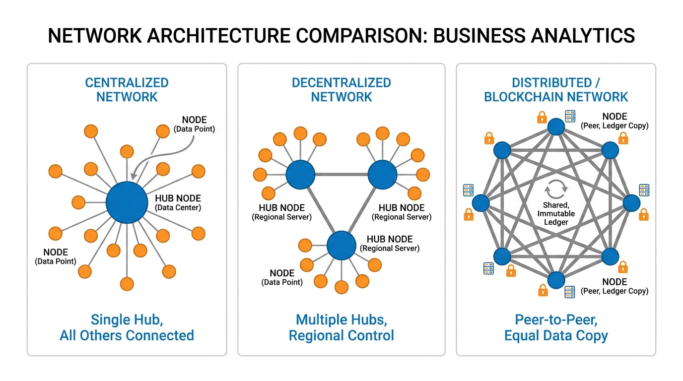 Diagram comparing centralized, decentralized, and distributed network architectures, with blockchain shown as distributed with all nodes holding equal copies