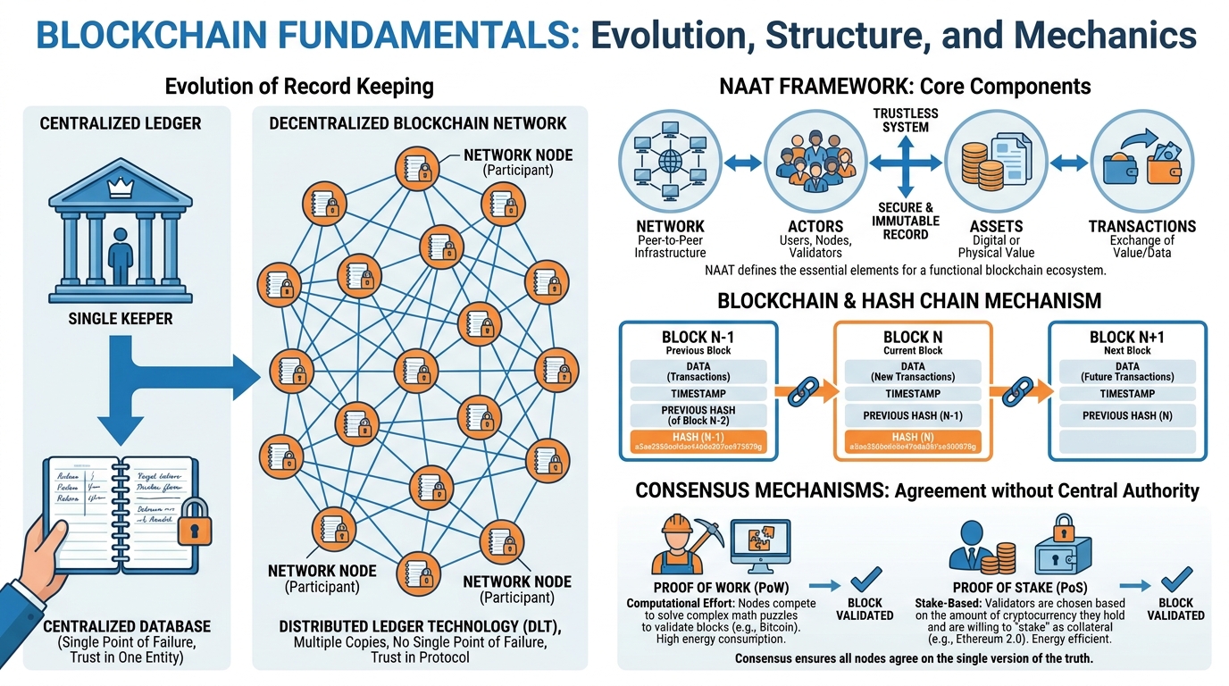 Illustrated explainer infographic showing the evolution from centralized ledgers to distributed blockchain systems, with the NAAT framework highlighted
