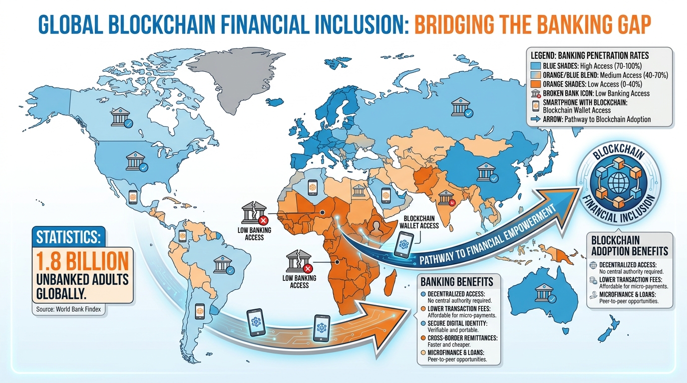 World map showing regions with limited banking infrastructure alongside statistics on the unbanked population and blockchain adoption patterns