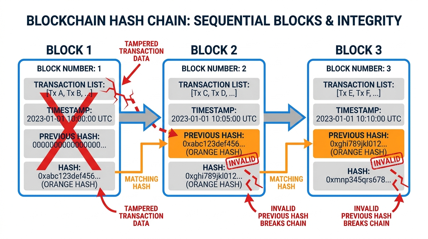 Diagram showing three blocks in a chain, each containing a hash of the previous block, illustrating how changing one block breaks all subsequent blocks