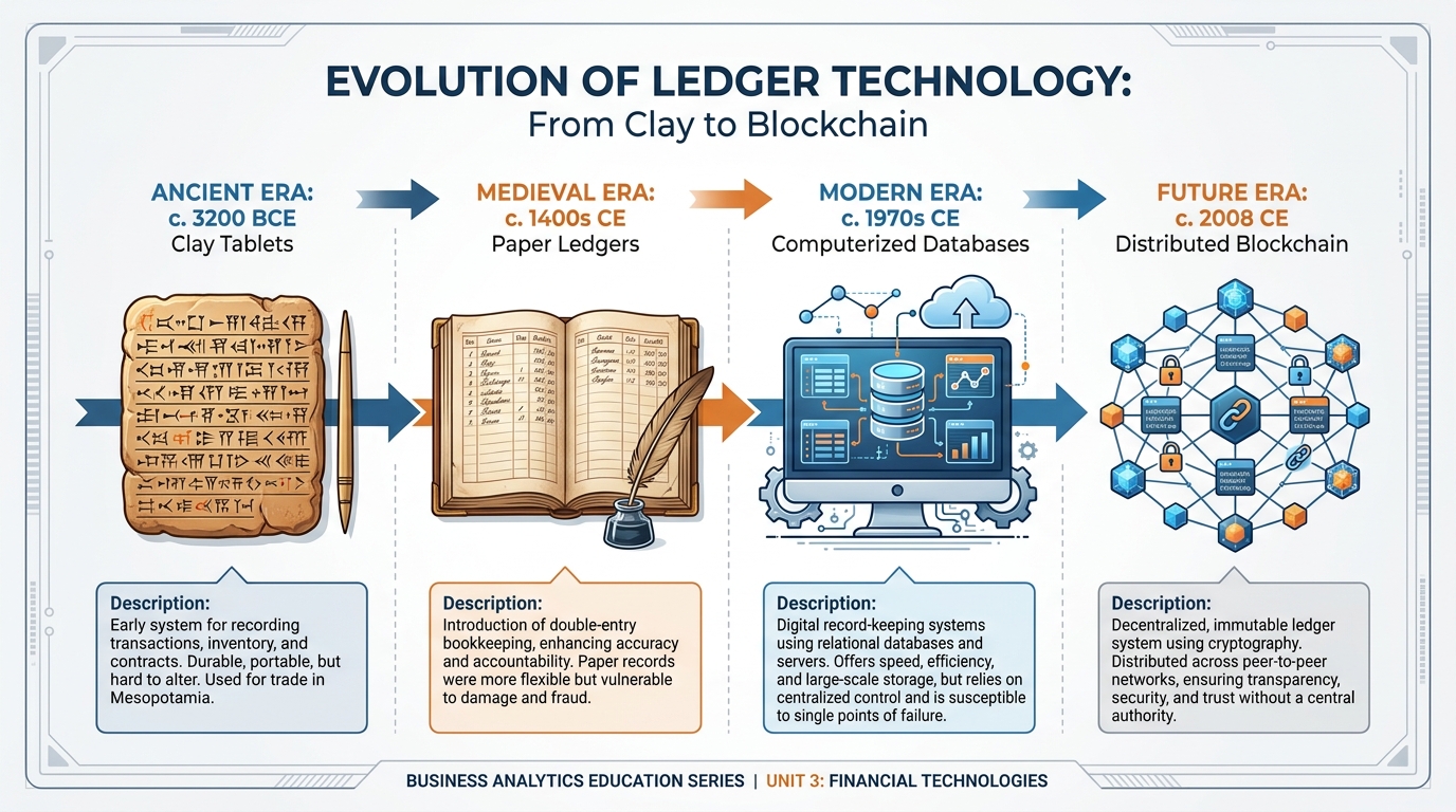 Timeline showing the evolution of ledgers from ancient clay tablets through paper ledgers, accounting software, databases, and finally distributed blockchain ledgers