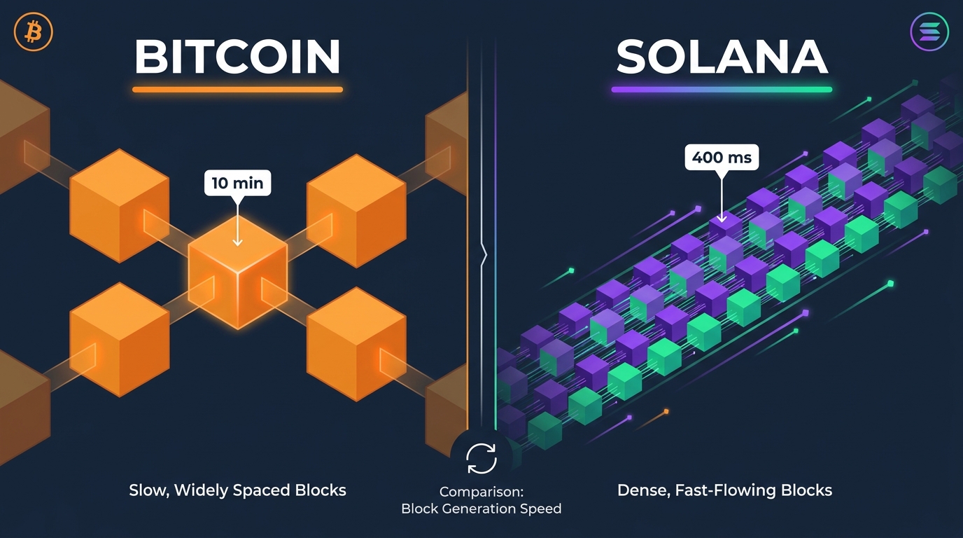 Side-by-side view of mempool.space showing Bitcoin blocks arriving roughly every ten minutes and the Solana explorer showing slots advancing every 400 milliseconds