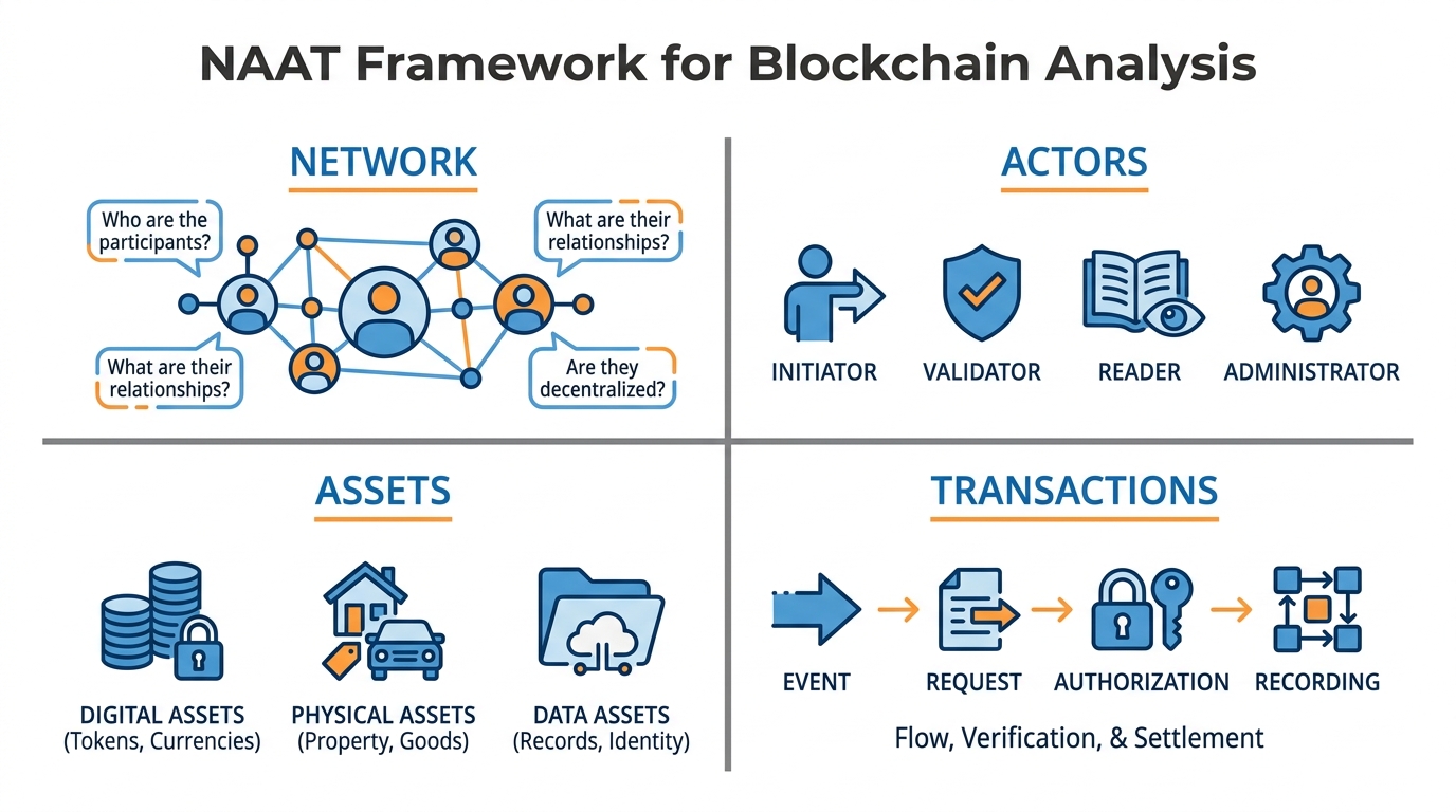 The NAAT Framework diagram showing four quadrants: Network, Actors, Assets, and Transactions, with example questions in each quadrant