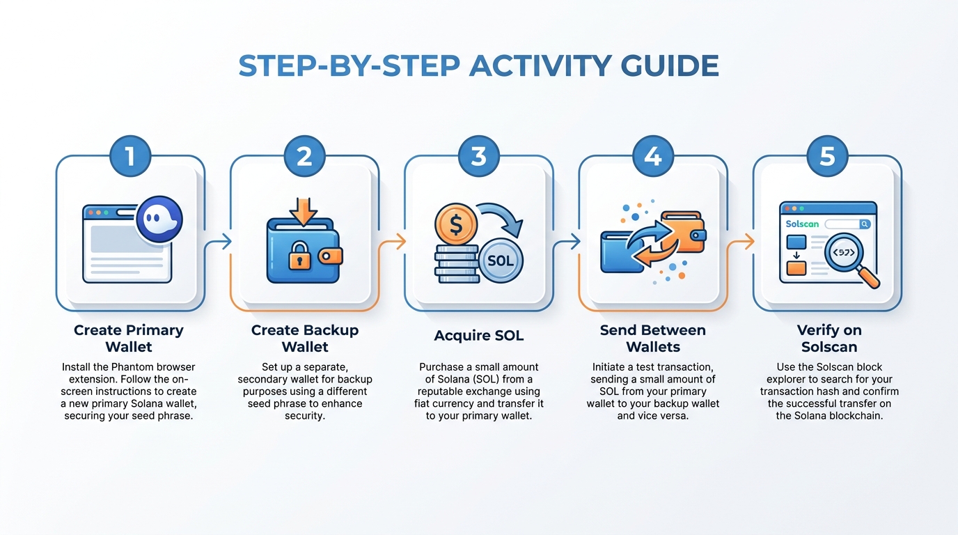 Step-by-step visual guide showing the five activity steps: create primary wallet, create backup wallet, acquire SOL, send between wallets, and verify on Solscan