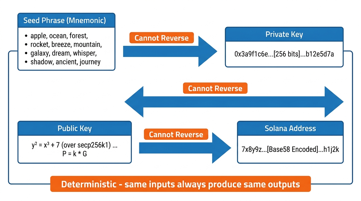 Diagram showing the one-way derivation chain from seed phrase to private key to public key to Solana address, with the key insight that the process cannot be reversed