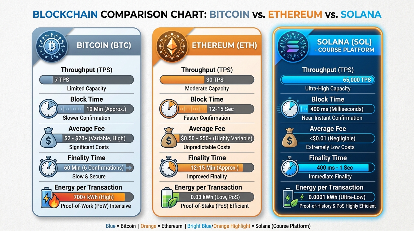 Visual comparison chart of Bitcoin, Ethereum, and Solana across five metrics: throughput, block time, transaction fees, finality, and energy consumption per transaction