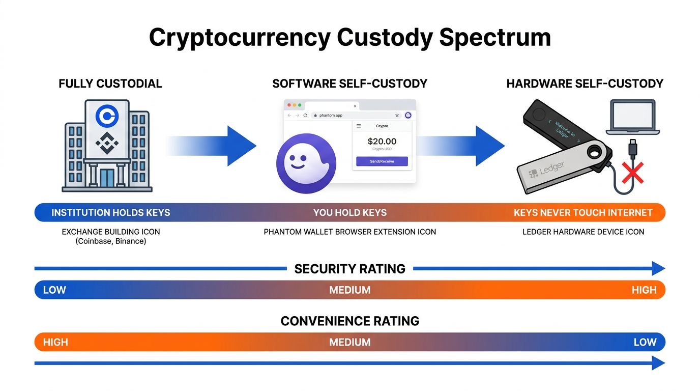 Diagram showing the custody spectrum from fully custodial (exchange wallet) through software self-custody (Phantom) to hardware self-custody (Ledger), with security and convenience trade-offs labeled