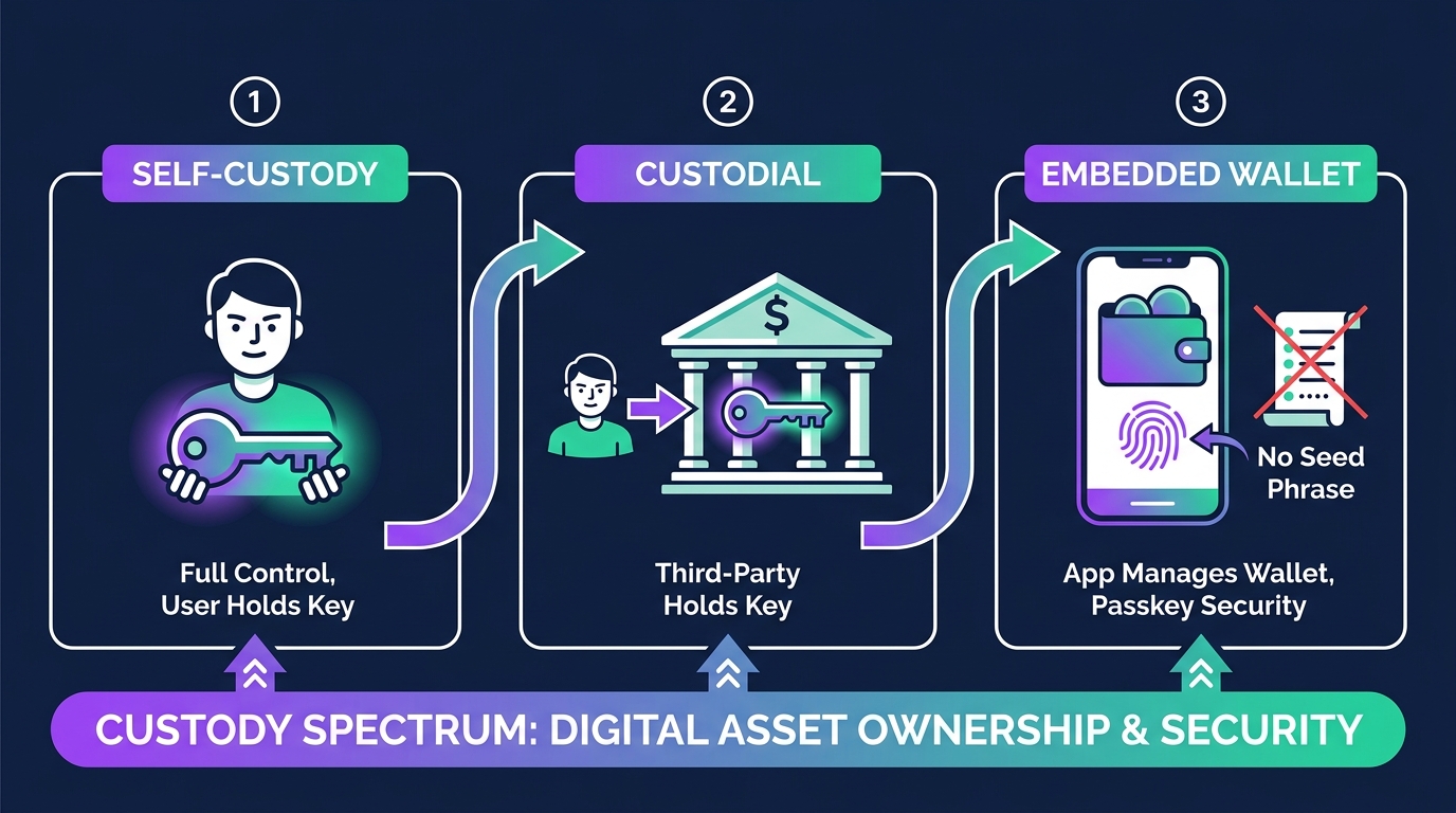 Diagram showing an embedded wallet created inside an app via passkey or email login, with the wallet-as-a-service provider managing key material, contrasted with a traditional self-custody wallet and its seed phrase