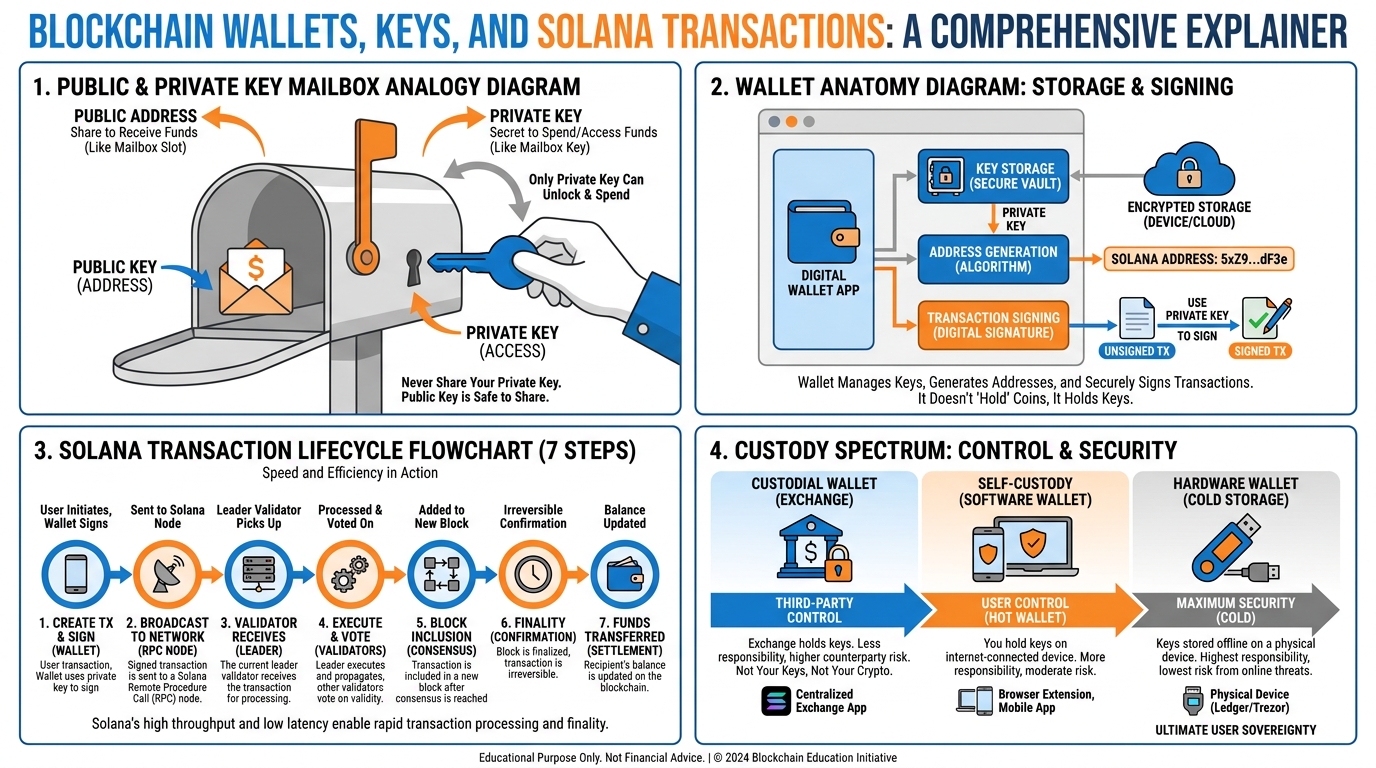 Illustrated explainer infographic showing public/private keys, wallet anatomy, Solana transaction flow, and the concept of self-custody ownership
