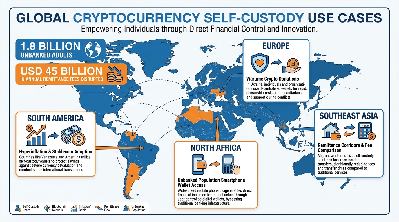 World map with call-out boxes showing real-world use cases of self-custody wallets in Venezuela, Argentina, Ukraine, and among the globally unbanked population