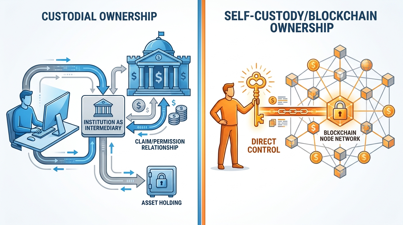 Side-by-side comparison showing traditional custodial ownership (institution as intermediary) versus blockchain self-custody (private key as direct access)