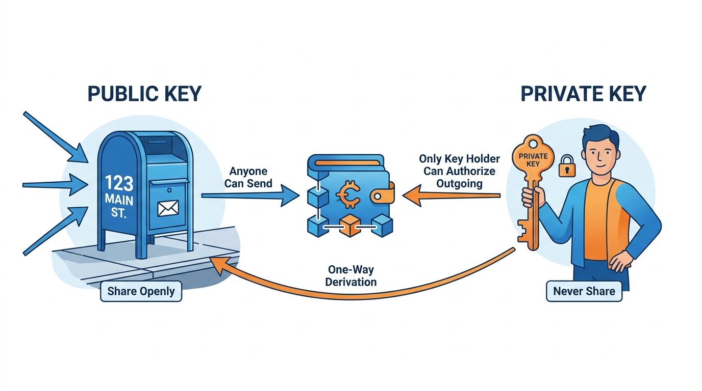 Diagram showing the mailbox analogy for public and private keys — public key as open mailbox address, private key as the lock key, with arrows showing send/receive and authorize flows