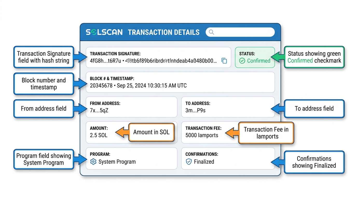 Annotated screenshot of a Solana transaction page on Solscan, with callouts explaining the transaction signature, status, block, from/to addresses, amount, fee, and program fields