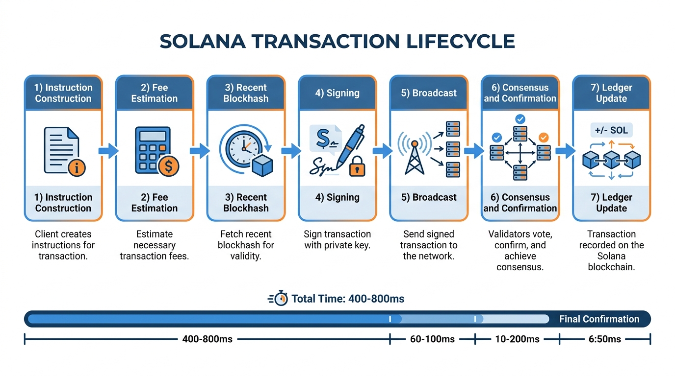 Flowchart diagram showing all seven steps of a Solana transaction lifecycle from instruction construction through signing, broadcast, consensus, and final ledger update