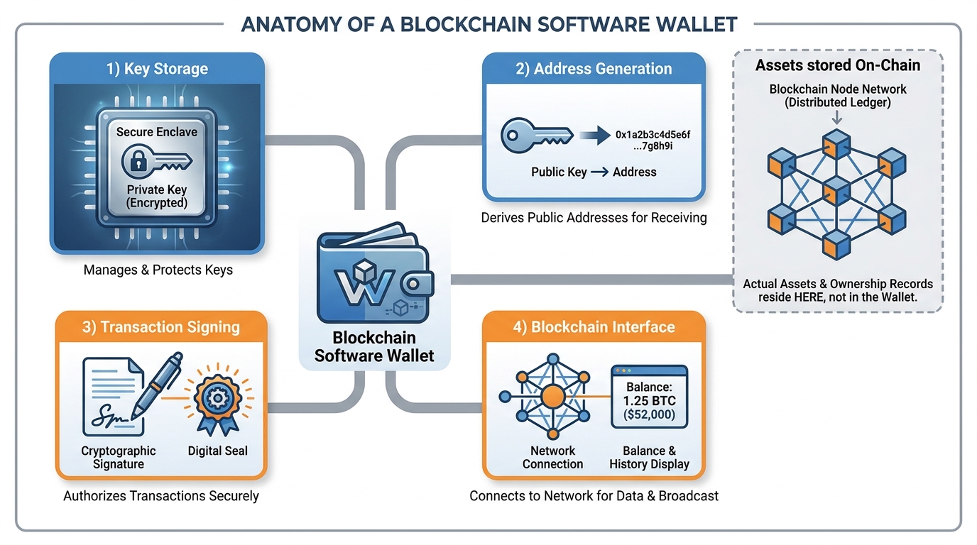 Diagram showing the anatomy of a blockchain wallet — key storage, address generation, transaction signing, and blockchain interface components