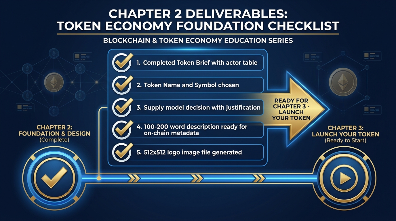 Checklist graphic showing the five deliverables from Chapter 2 — completed token brief, token name and symbol, supply model decision, 100-200 word description, and 512x512 logo