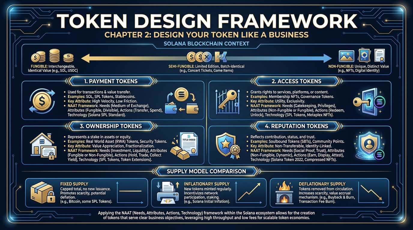 Illustrated explainer infographic showing the four token types (payment, access, ownership, reputation), the fungible vs. non-fungible spectrum, the NAAT framework applied to token design, and supply models