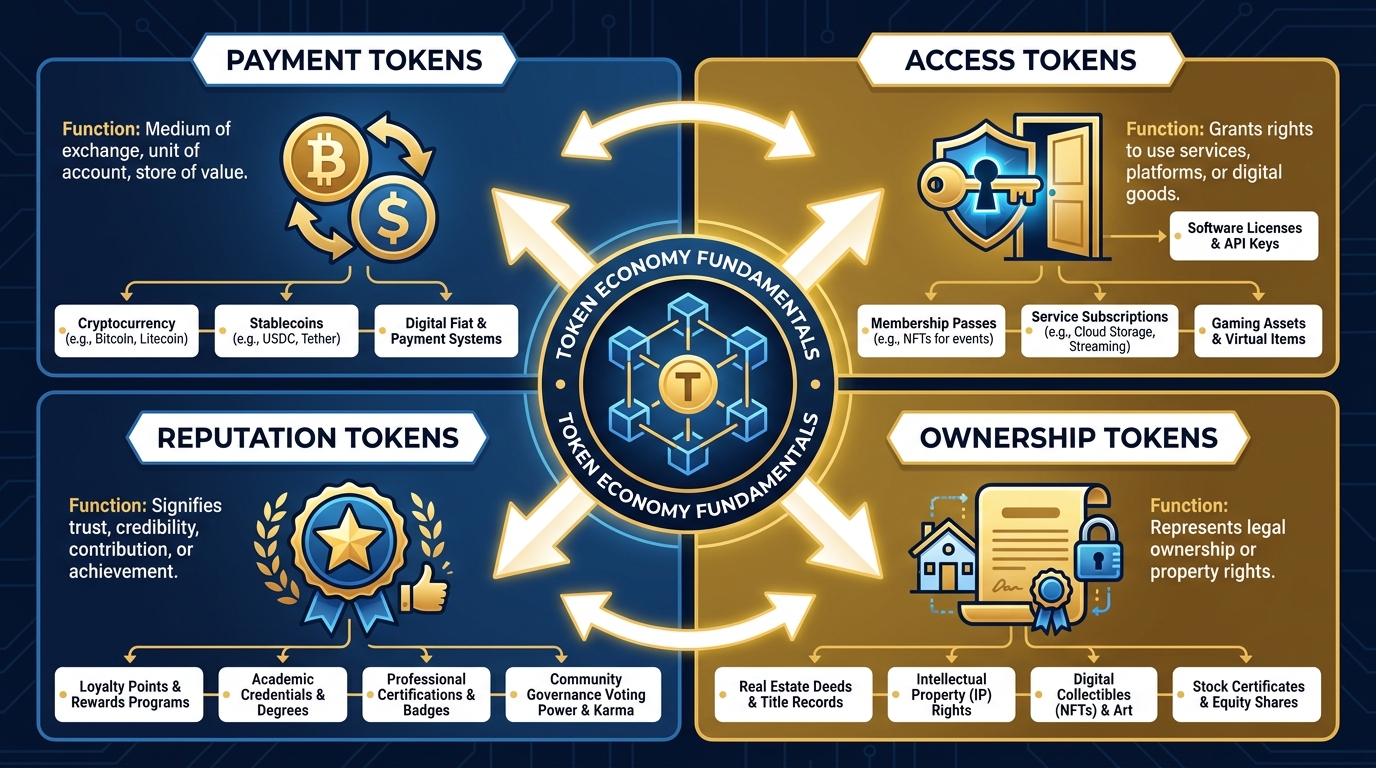 Four-quadrant diagram showing the four token types — payment, access, ownership, and reputation — with real-world examples in each quadrant