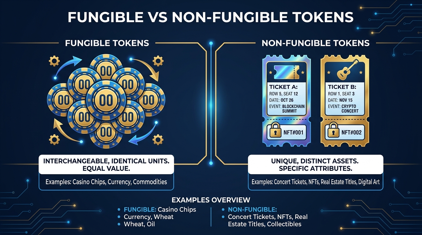 Side-by-side comparison of fungible tokens (casino chips) and non-fungible tokens (concert tickets) showing interchangeability vs. uniqueness, with examples of each