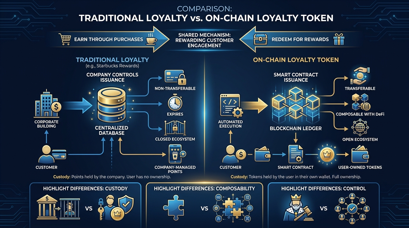Infographic comparing Starbucks Rewards as a traditional loyalty token economy versus the same system reimagined on-chain, showing issuance, redemption, value discovery, and composability differences