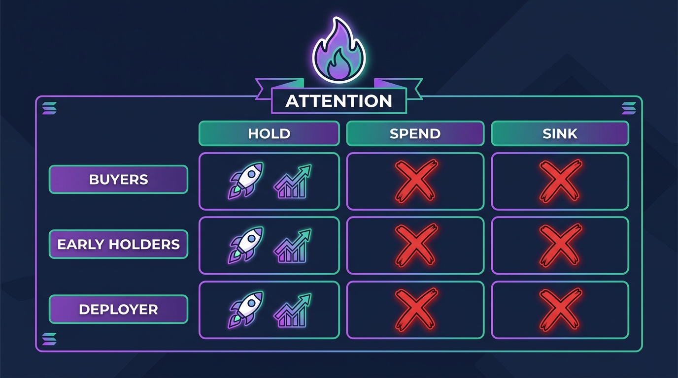 An honestly completed actor table for a memecoin showing reason to hold as price appreciation from attention, reason to spend as none, and token sink as none, annotated as failing Failure Pattern 1 by construction