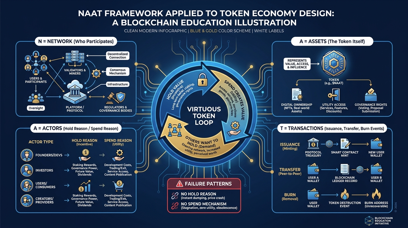 The NAAT framework canvas applied to token design, showing how Network, Actors, Assets, and Transactions map to token issuance, holder incentives, spend mechanics, and velocity