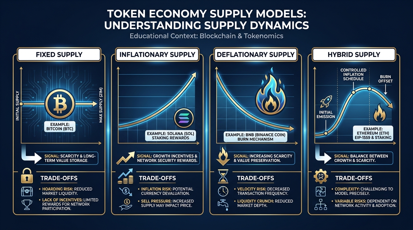 Four-panel diagram comparing fixed supply, inflationary supply, deflationary supply, and hybrid supply models with real-world examples and trade-offs for each