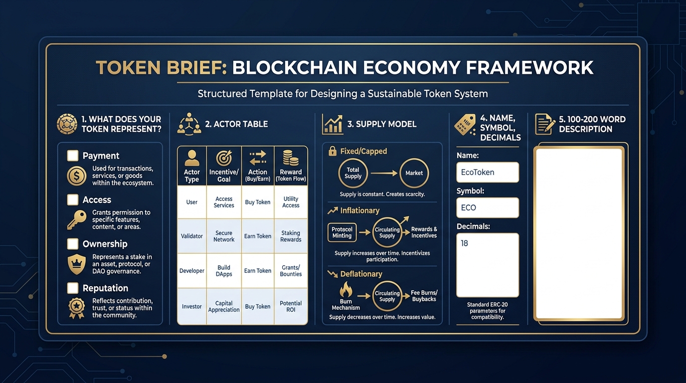 Token brief template showing the five sections — token representation, actor table with hold/spend reasons, supply model, name/symbol/decimals, and 100–200 word description
