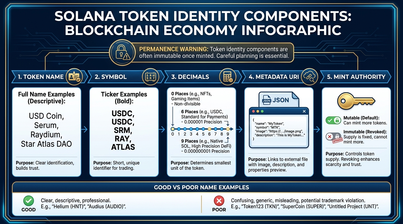Infographic showing the components of on-chain token identity — name, symbol, decimals, image URI, and extended metadata — with examples of good and poor choices for each