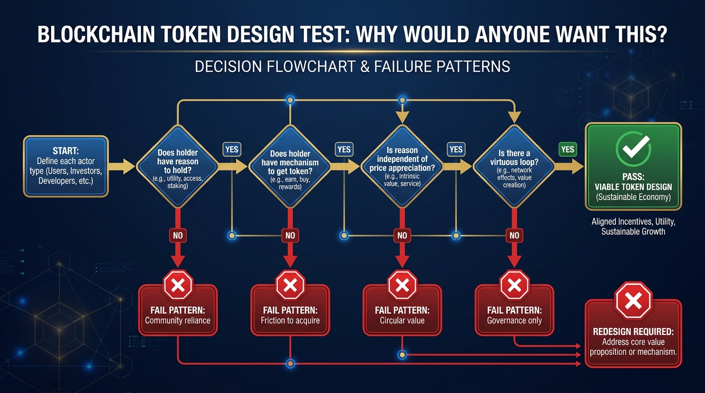 Decision flowchart for the "why would anyone want this?" test — branching through holder motivation, spend mechanism, network effects, and supply model to reach a pass/fail verdict