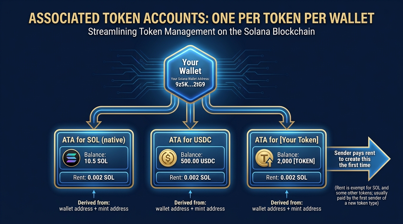 Diagram illustrating Solana's associated token account model — a single wallet with multiple ATAs for different tokens, each as a separate on-chain account with its own rent deposit
