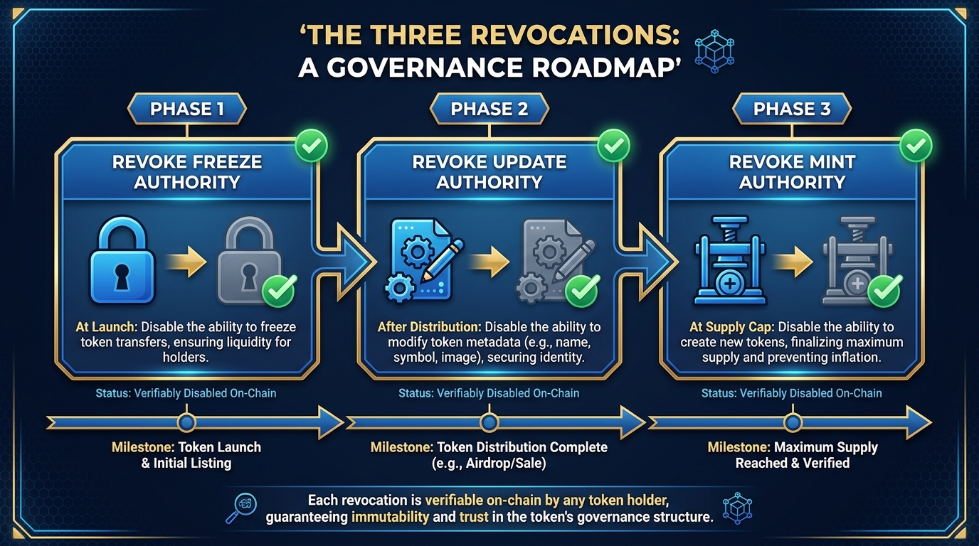 Three-phase governance roadmap showing the recommended sequence for revoking freeze authority at launch, update authority after distribution, and mint authority at supply cap