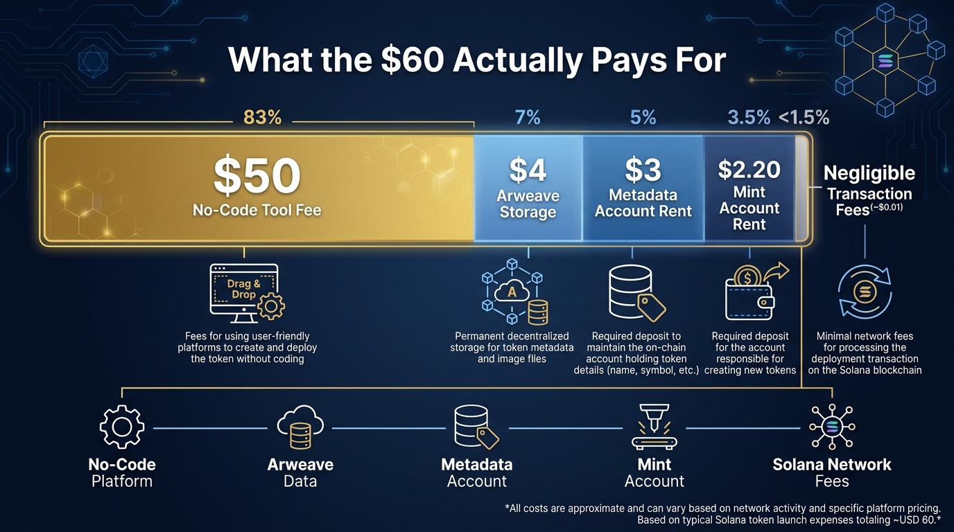 Cost breakdown bar chart showing the components of a $60 Solana token launch — no-code tool fee as the largest component, followed by Arweave storage, metadata rent, mint rent, and transaction fees