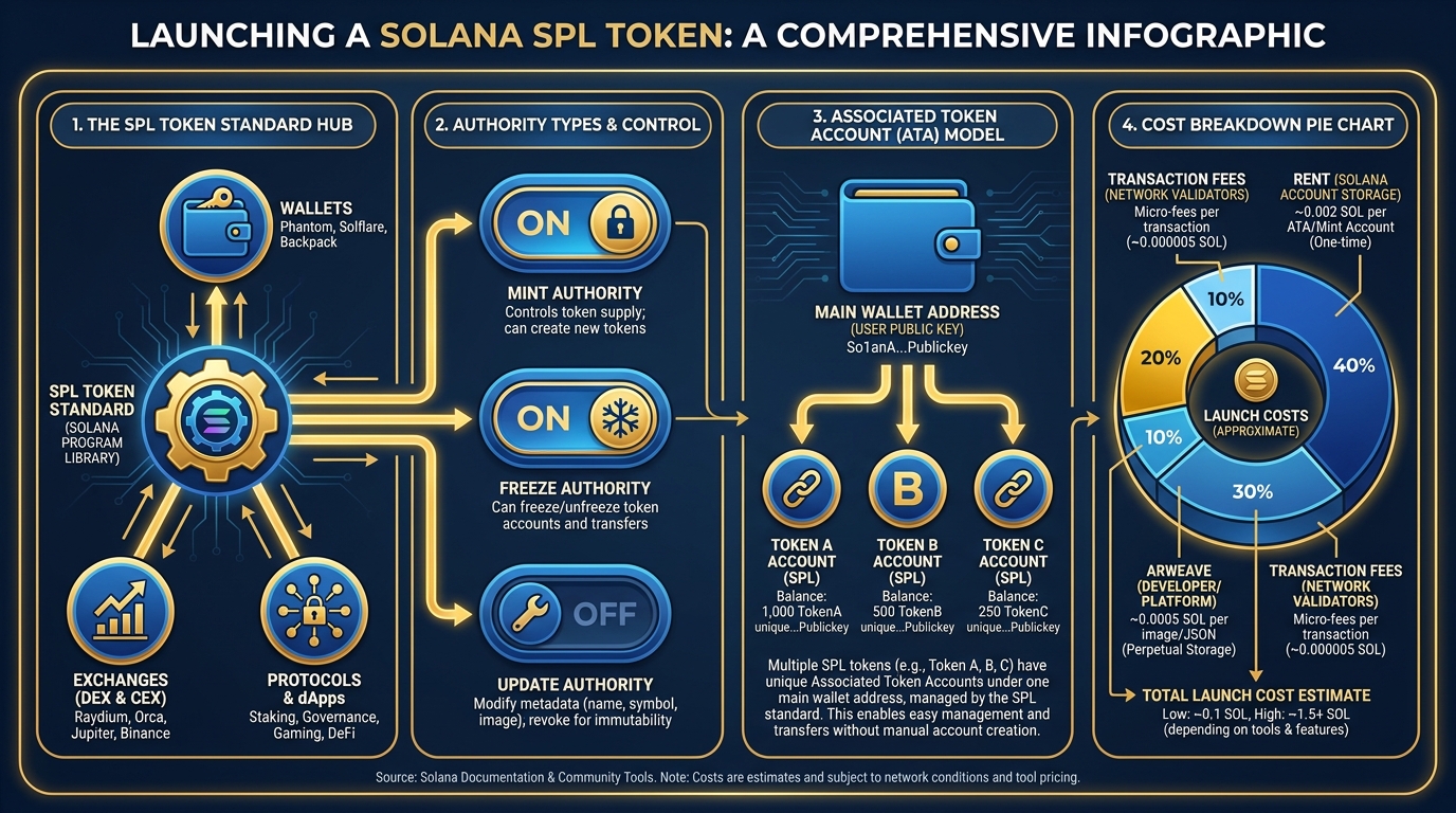 Illustrated explainer infographic covering the SPL Token standard, mint authority, freeze authority, associated token accounts, metadata architecture, and the cost breakdown of launching a Solana token