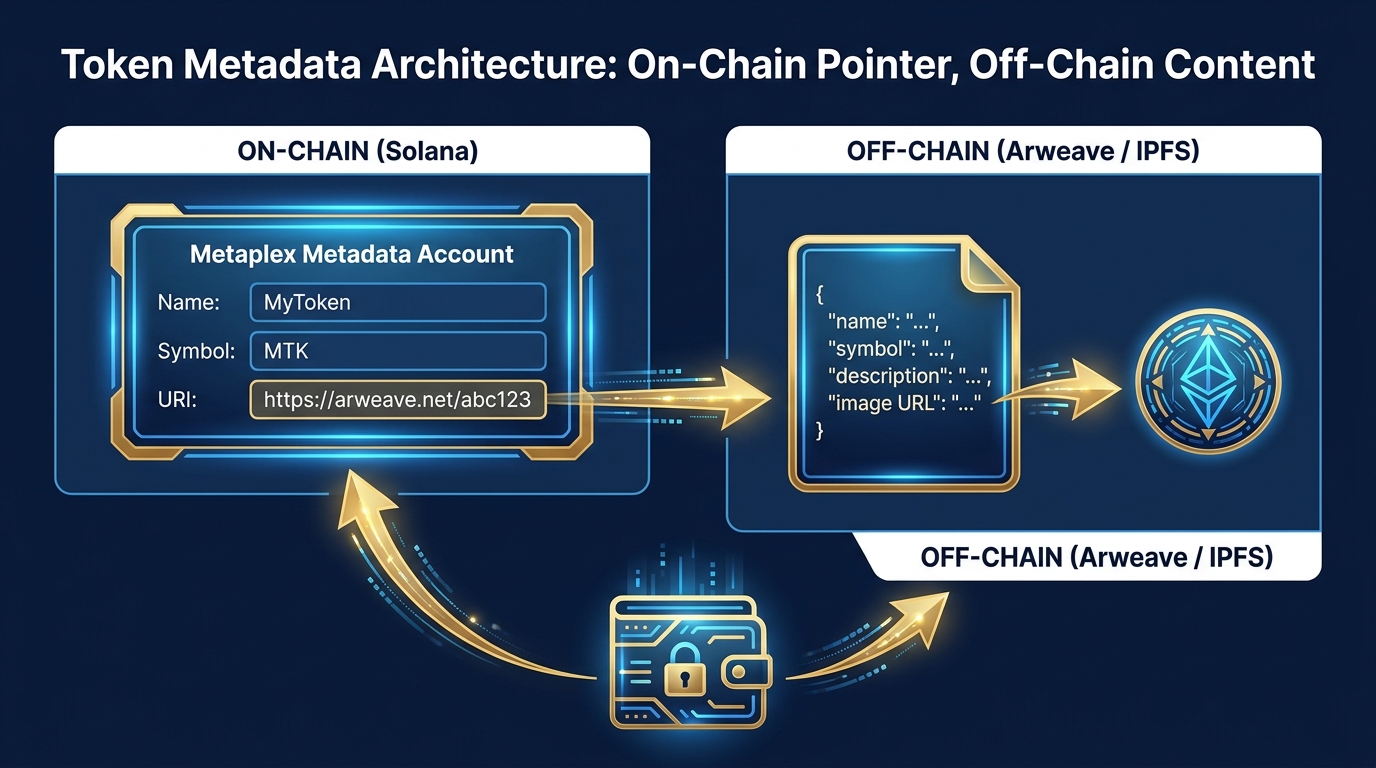 Two-layer metadata architecture diagram showing the on-chain Metaplex metadata account pointing via URI to a JSON file on Arweave or IPFS, which in turn references the token logo image