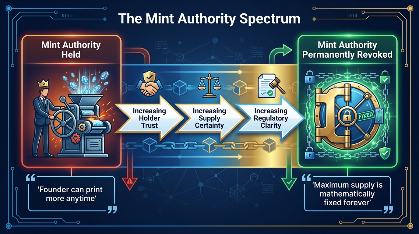 Spectrum diagram showing mint authority positions from held by founder on the left to permanently revoked on the right, with trust and regulatory clarity increasing rightward