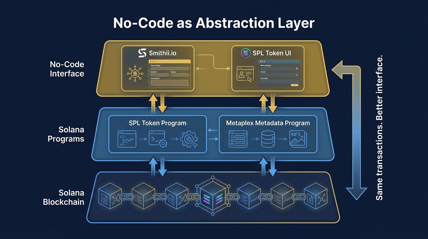 Layer diagram showing no-code tools (Smithii, SPL Token UI) as a user-friendly interface sitting above the same Solana program calls (SPL Token program, Metaplex) that developers use directly