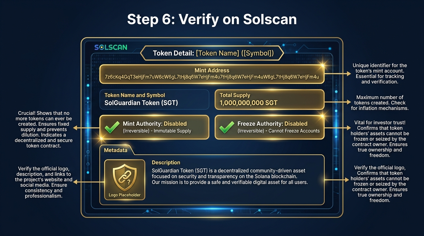 Illustrated Solscan token page showing mint address, token name, symbol, supply, authority status, and metadata correctly rendering including logo