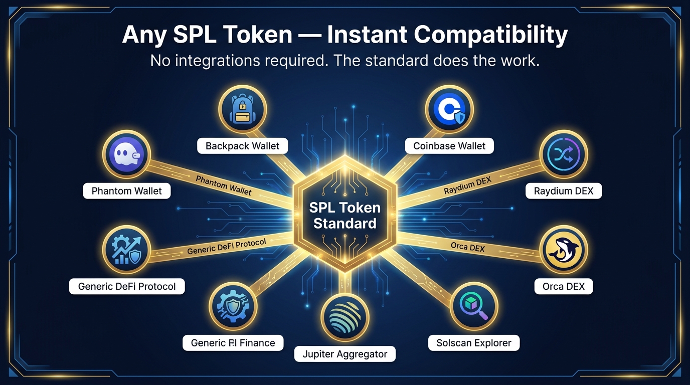 Diagram showing the SPL Token standard as a hub connecting a new token to wallets, exchanges, explorers, and DeFi protocols automatically through shared protocol compliance