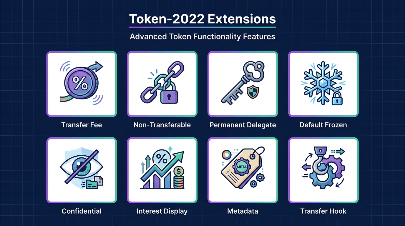 Reference table of Token-2022 extensions — transfer fee, non-transferable, permanent delegate, default frozen, confidential transfers, interest-bearing, metadata pointer, transfer hook — mapped to business token types and buyer interpretations