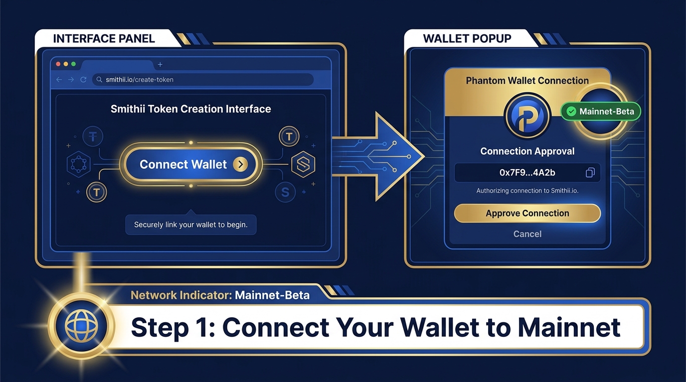 Screenshot-style illustration showing Phantom wallet connected to Smithii token creator interface, with network indicator showing mainnet-beta and wallet balance visible