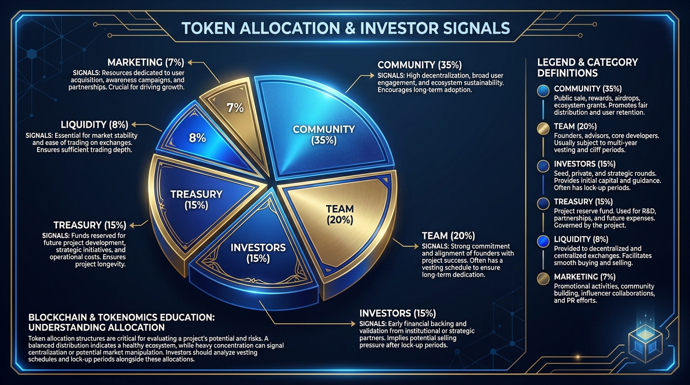 Pie chart showing token allocation categories with percentages - team, community, partners, marketing, liquidity pool, ecosystem reserve, with annotations explaining what each signals