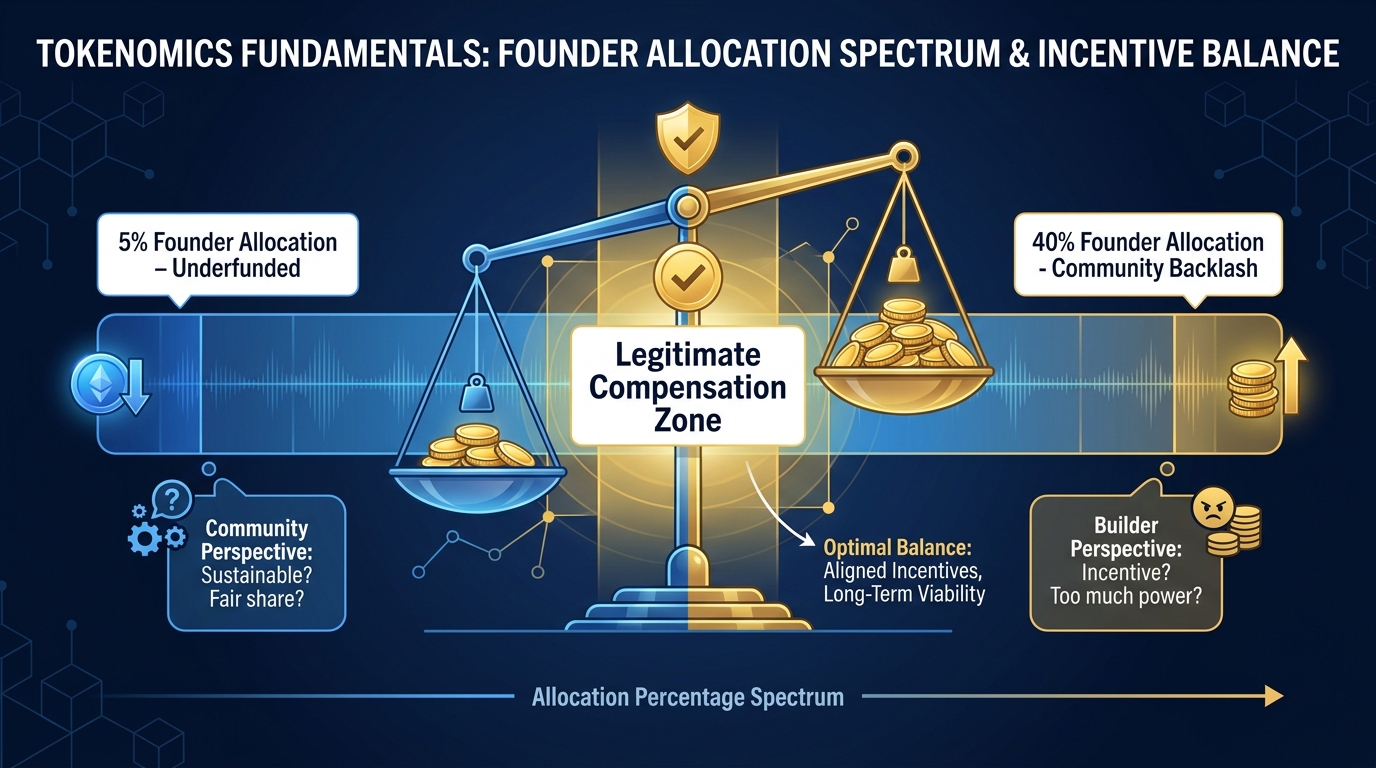 Visual representation of the builder's dilemma showing a spectrum from 5% founder allocation (underfunded) to 40% (community backlash) with the question of where legitimate compensation becomes exploitation