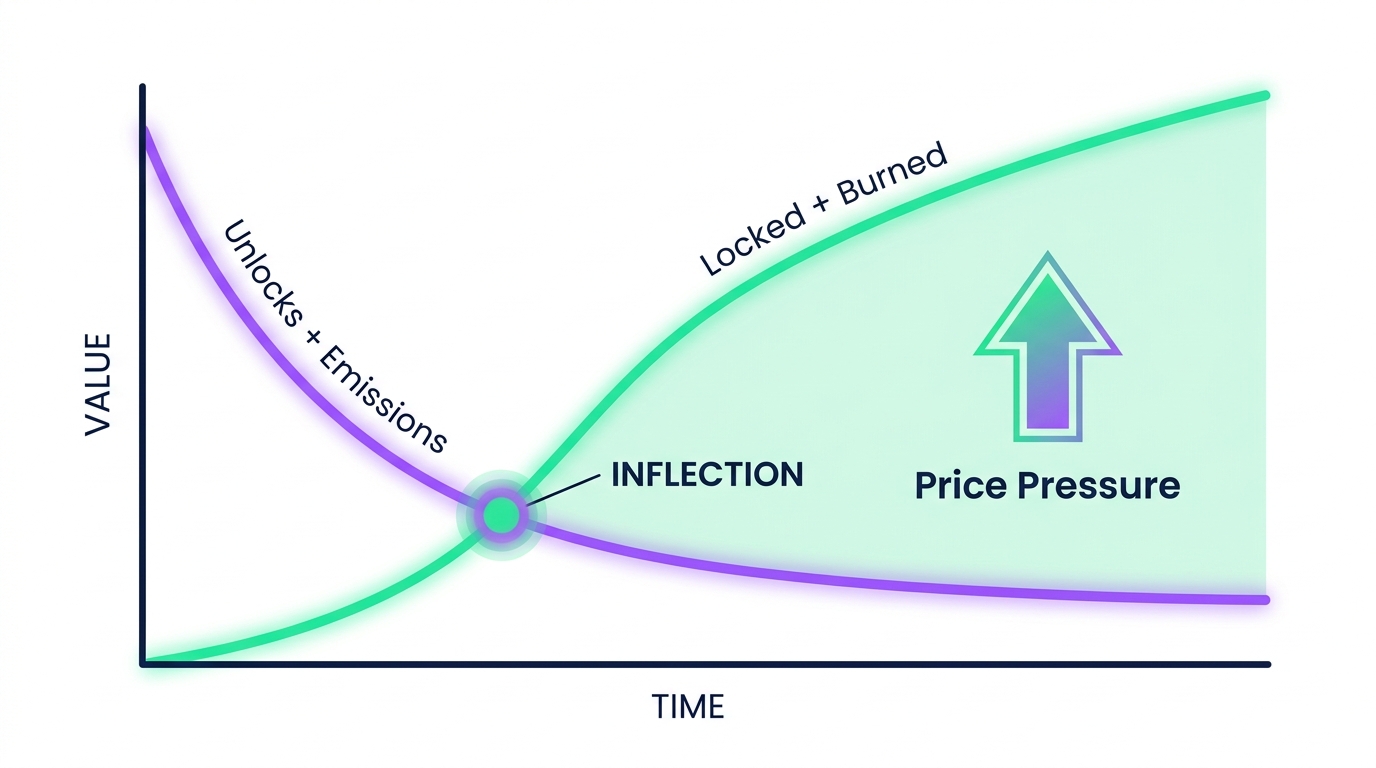 Line chart showing monthly token unlocks plus emissions declining as monthly burns plus newly locked tokens rise, with the crossover month marked as the inflection point