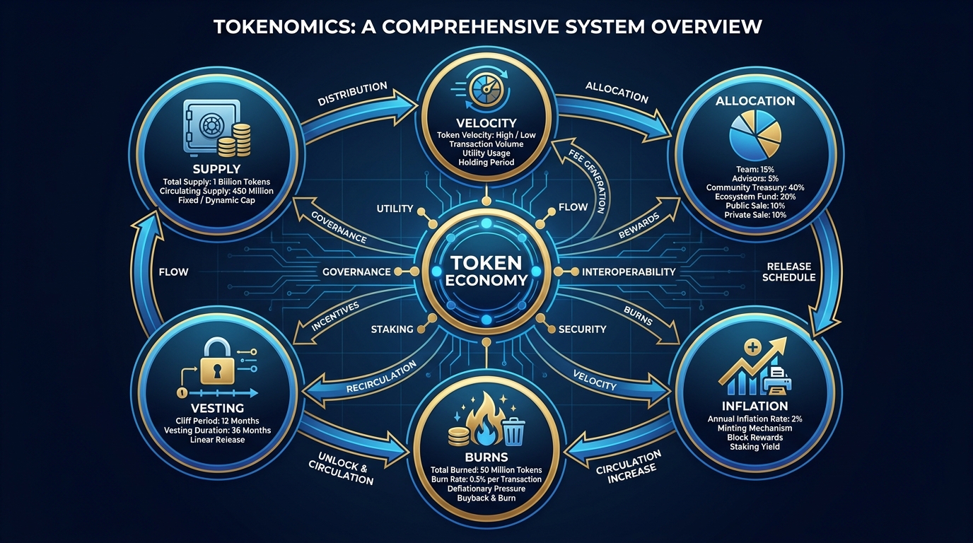 Comprehensive tokenomics explainer infographic showing supply, allocation, vesting, inflation, burns, and velocity as interconnected levers of a token economy