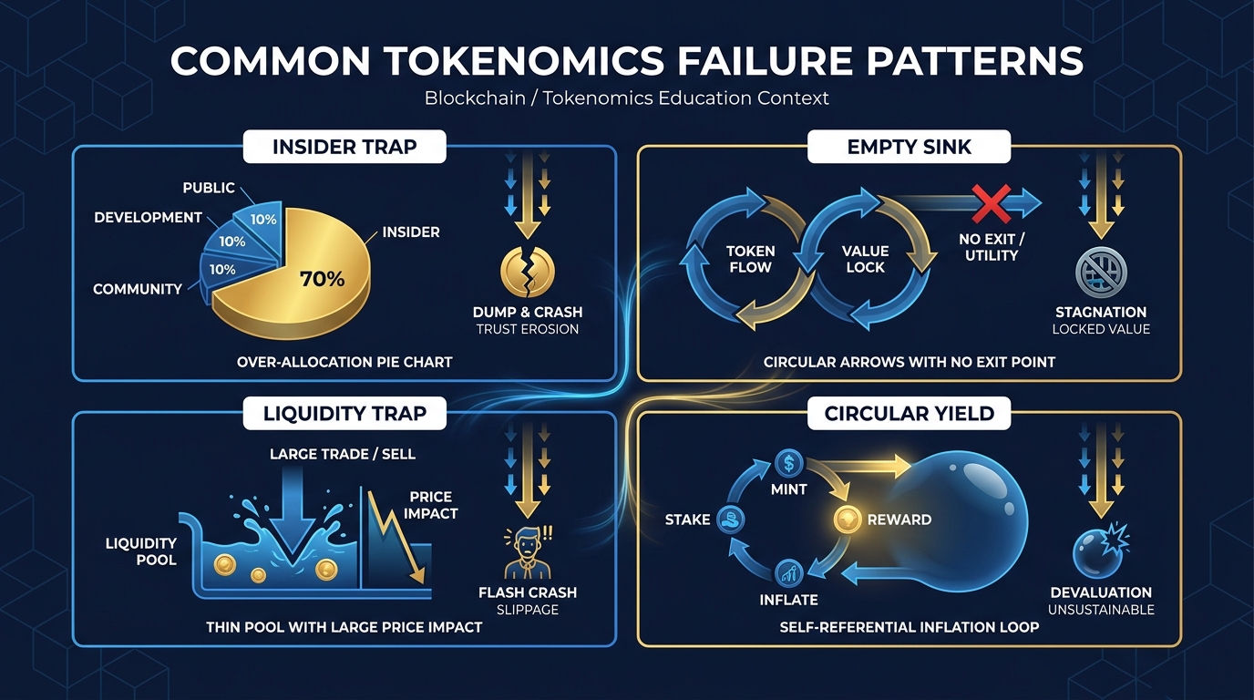 Four-panel diagram showing common tokenomics failure patterns: insider over-allocation, no utility sink, thin liquidity, and circular yield traps, each with an arrow showing the failure cascade