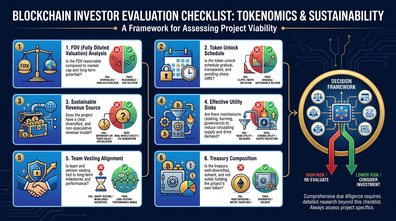 Investor evaluation checklist for token projects showing the six key questions to ask, with red and green indicators for pass/fail criteria