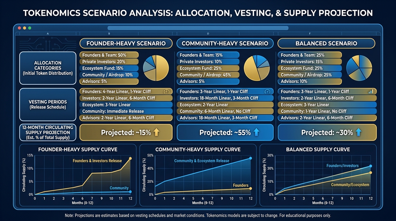 Screenshot-style illustration of a tokenomics spreadsheet with three scenario columns, showing allocation table, vesting schedule, and 12-month circulating supply projection